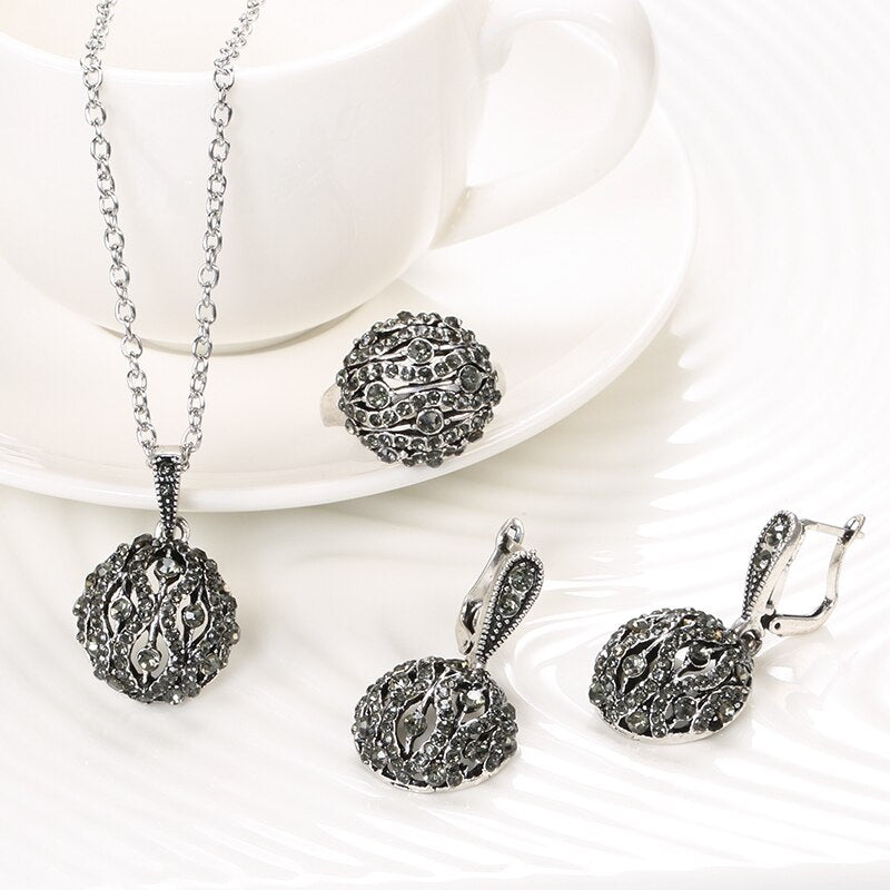 Crystal Flower Drop Earring Pendant Necklace Jewelry Set