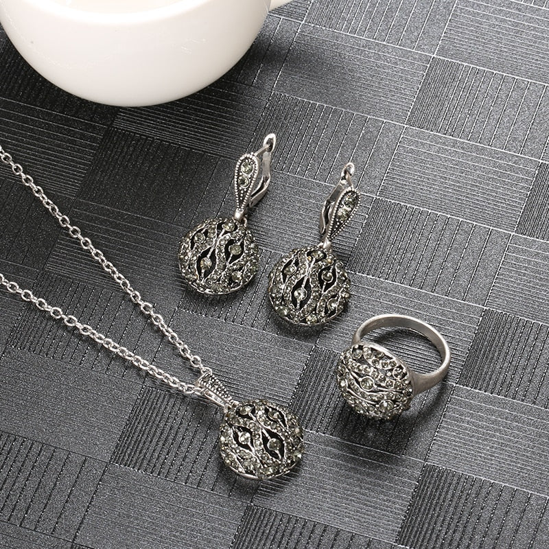 Crystal Flower Drop Earring Pendant Necklace Jewelry Set
