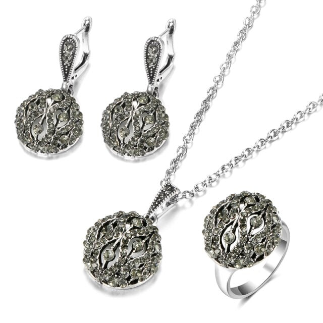 Crystal Flower Drop Earring Pendant Necklace Jewelry Set