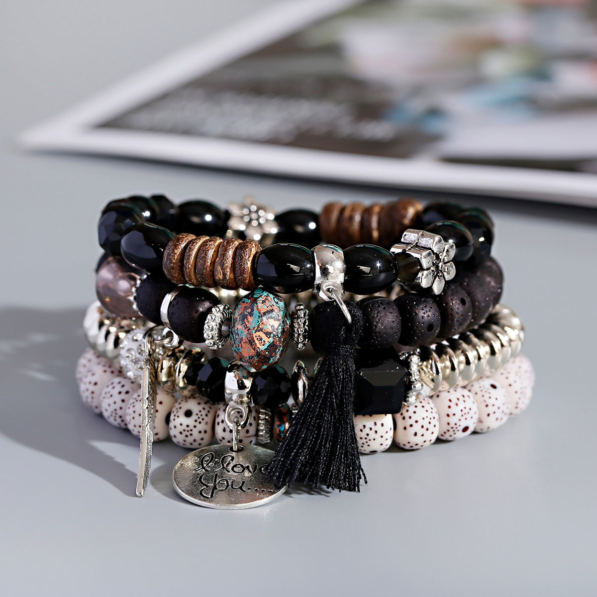 CZ Hand Natural Stone Beads Tassel Pendents Bracelets