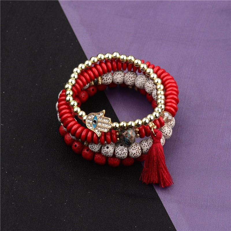 CZ Hand Natural Stone Beads Tassel Pendents Bracelets