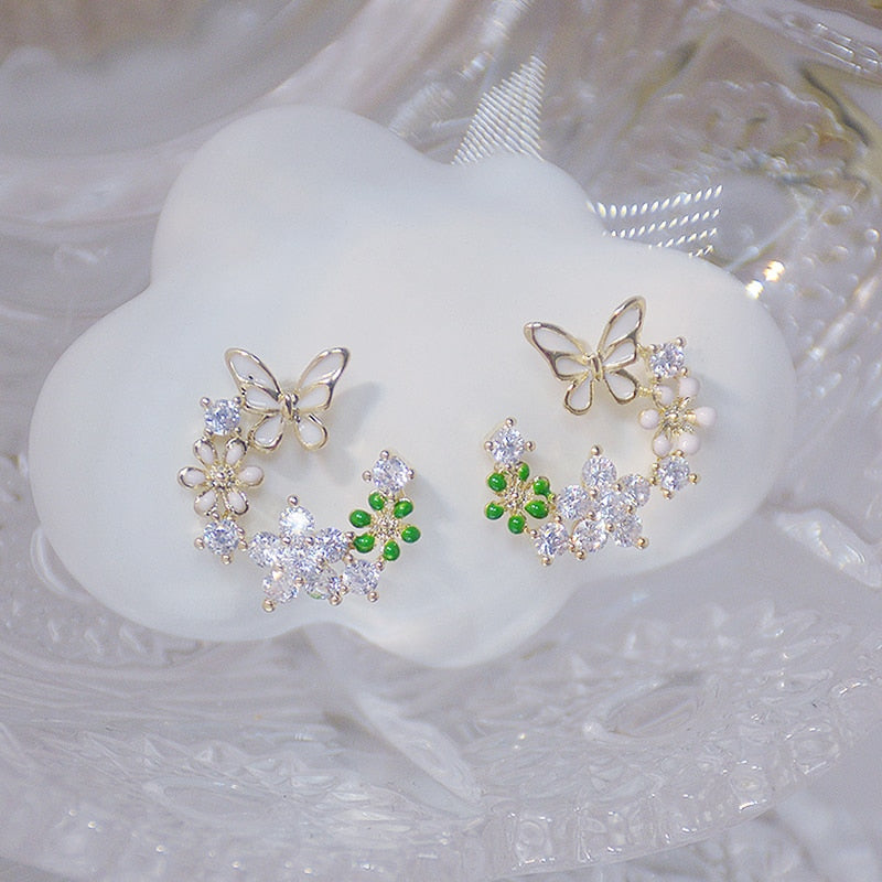 S925 Silver Needle Exquisite Flower Butterfly Women Earrings