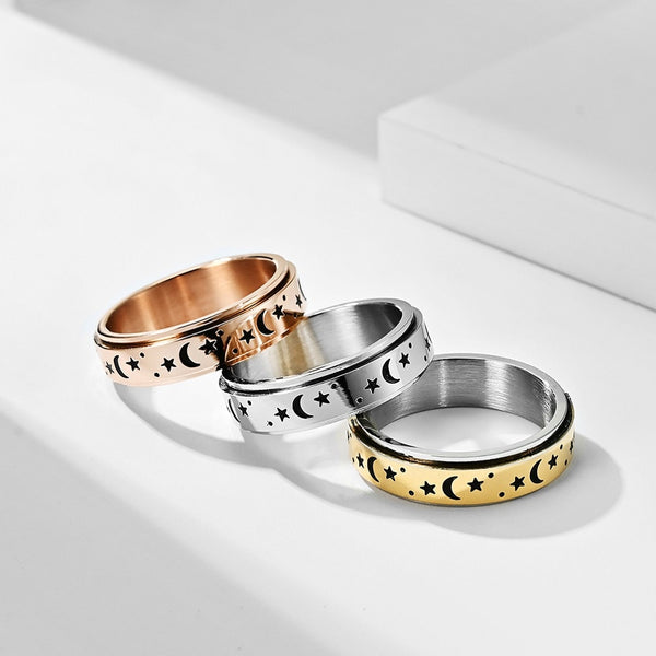 Engraved Star And Moon Rotatable Titanium Steel Finger Fidget Spinner Ring