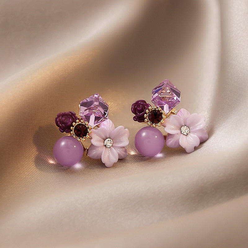 Noble Purple Crystal Flower Stud Earrings For Woman