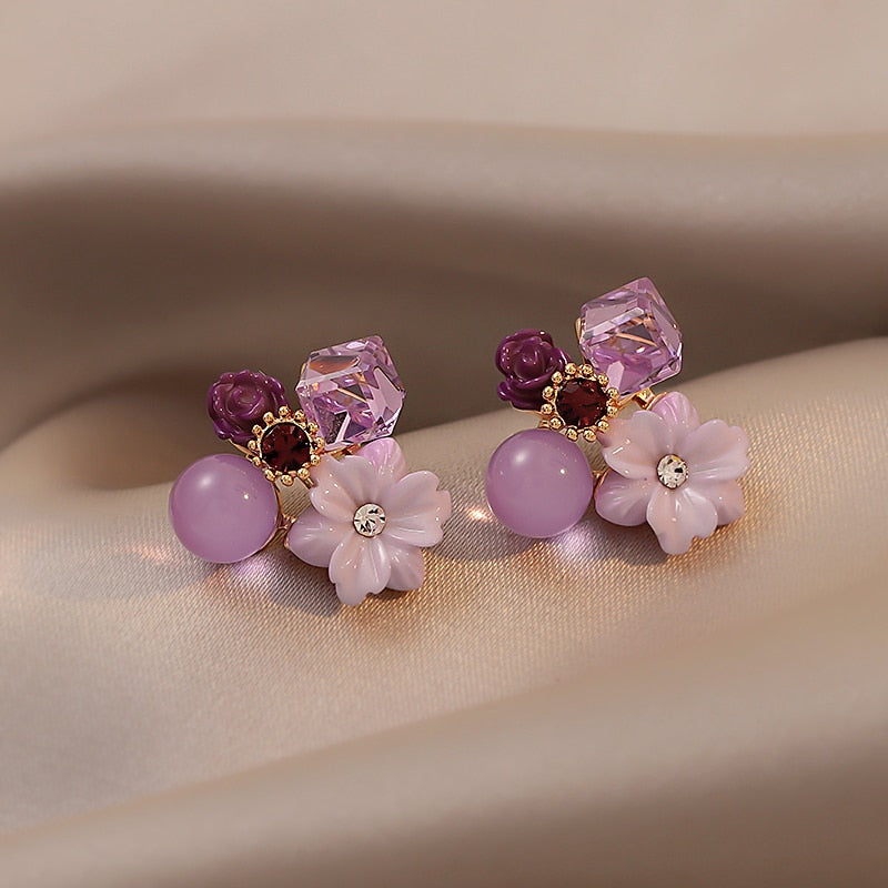 Noble Purple Crystal Flower Stud Earrings For Woman