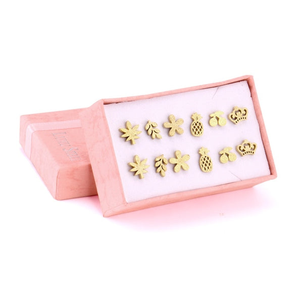 Pendientes infantiles de acero inoxidable con diseño de flor, árbol y copo de nieve (6 pares/caja)