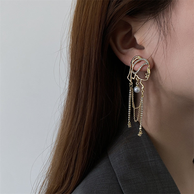 Pearl Crystal Portrait Chain Tassel Earrings