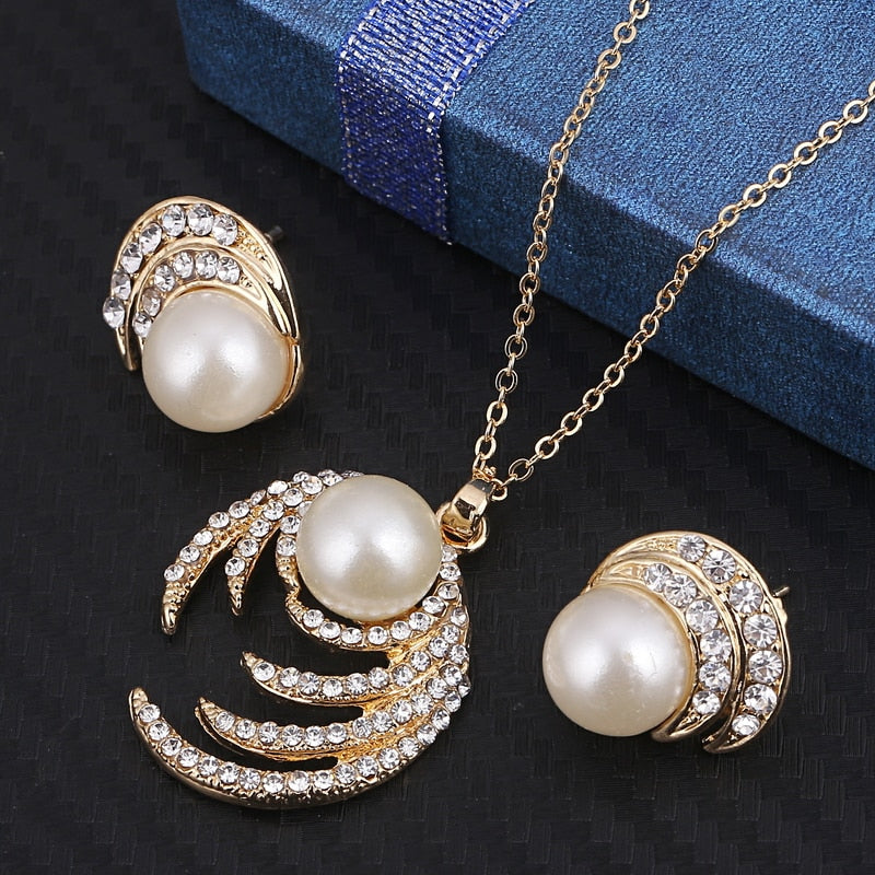 Simulated Pearl  Crystal Necklace Earrings Set Wedding Graceful Jewellery Sets