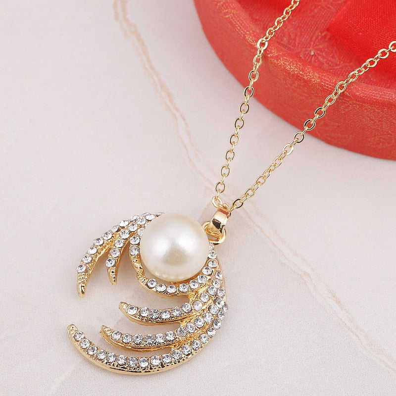 Simulated Pearl  Crystal Necklace Earrings Set Wedding Graceful Jewellery Sets