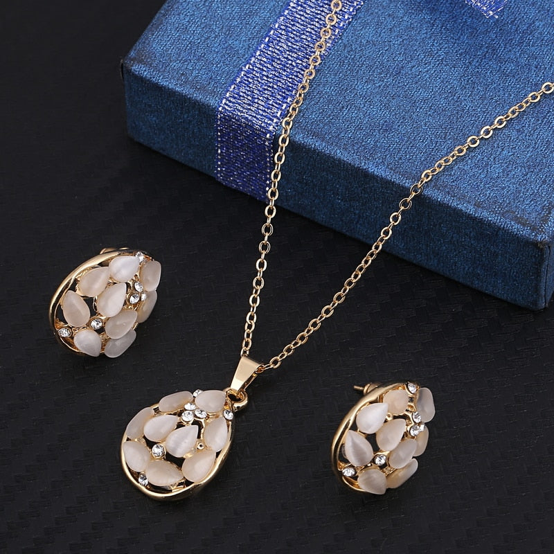 Simulated Pearl  Crystal Necklace Earrings Set Wedding Graceful Jewellery Sets