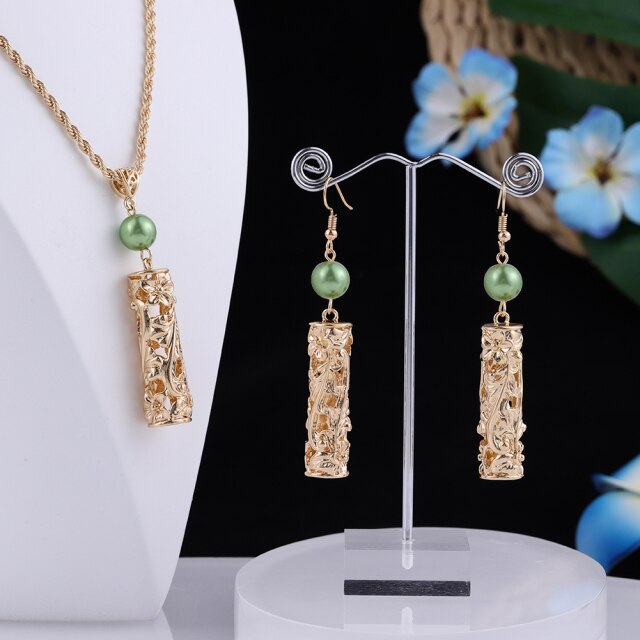 Hollow out Gold Hawaiian Necklace Flower Gold Necklace Earrings Set