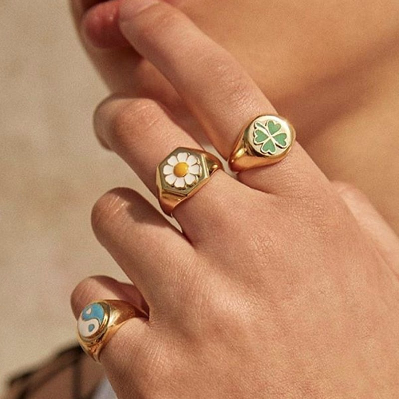 Chunky Colorful Love Heart Yin Yang Rings