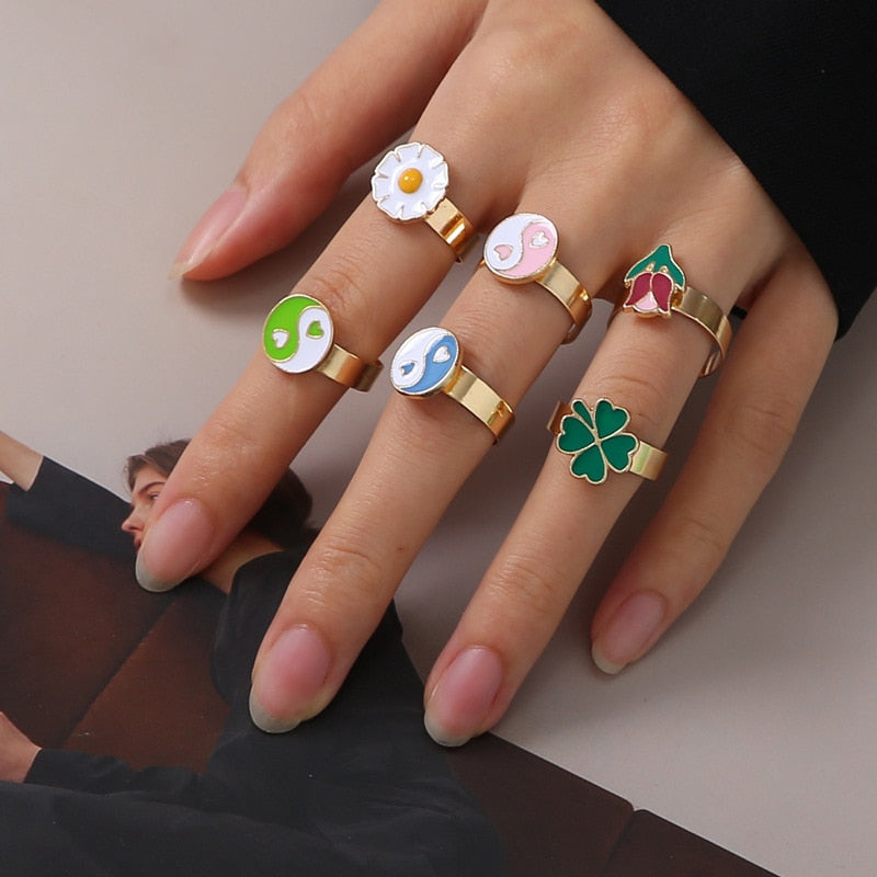 Chunky Colorful Love Heart Yin Yang Rings