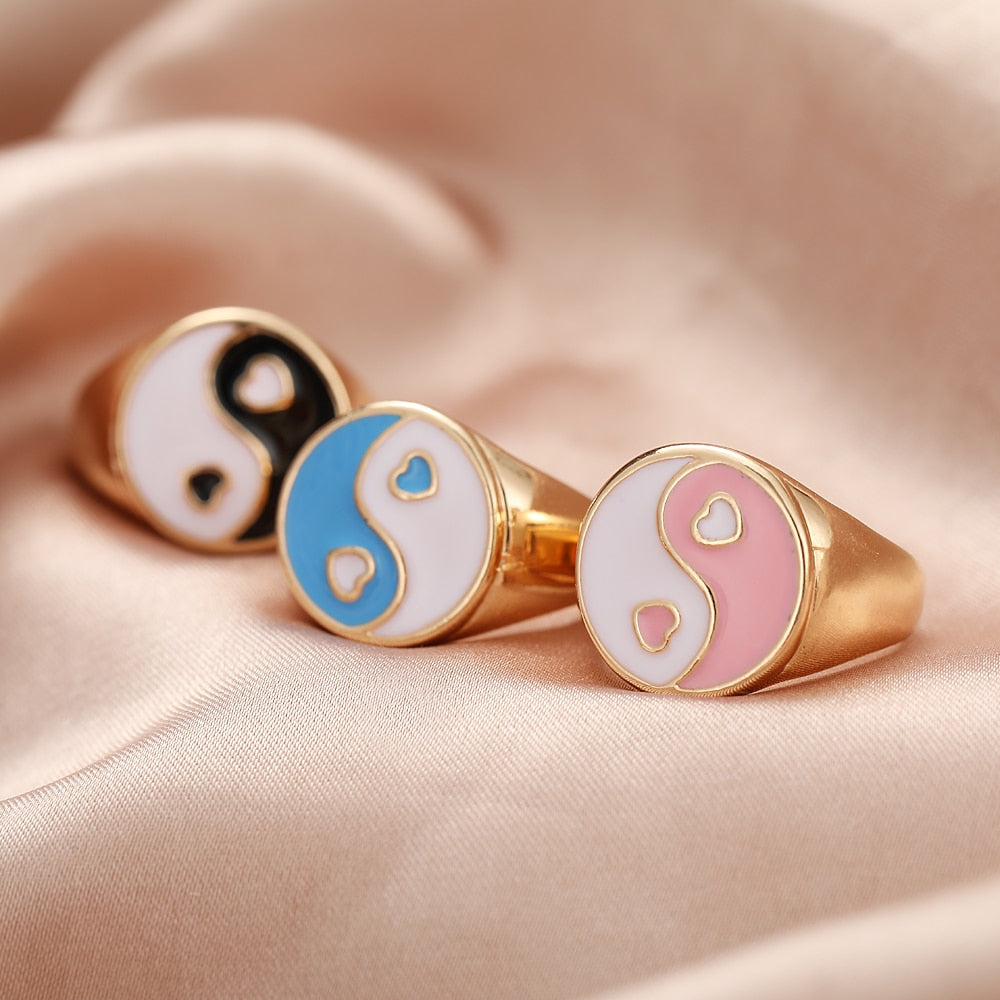 Chunky Colorful Love Heart Yin Yang Rings