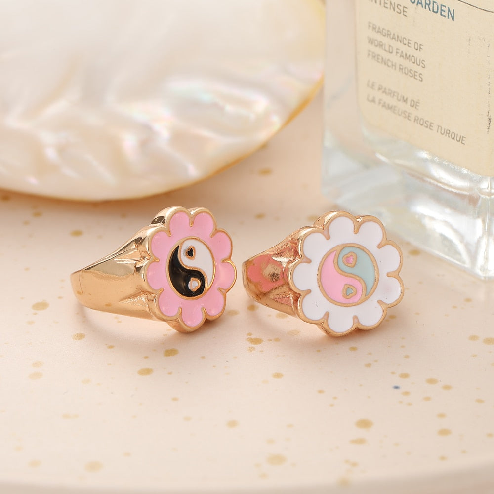Chunky Colorful Love Heart Yin Yang Rings