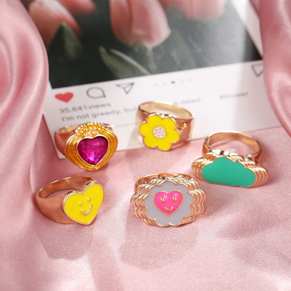 Chunky Colorful Love Heart Yin Yang Rings