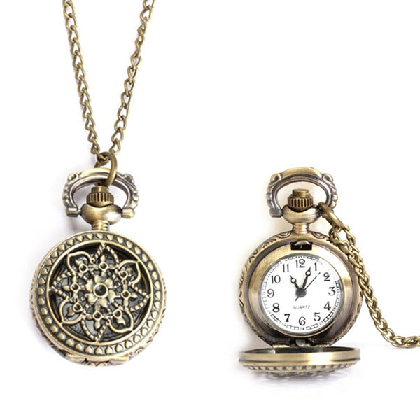 Reloj de bolsillo vintage de cuarzo hueco con diseño de loto de tamaño pequeño