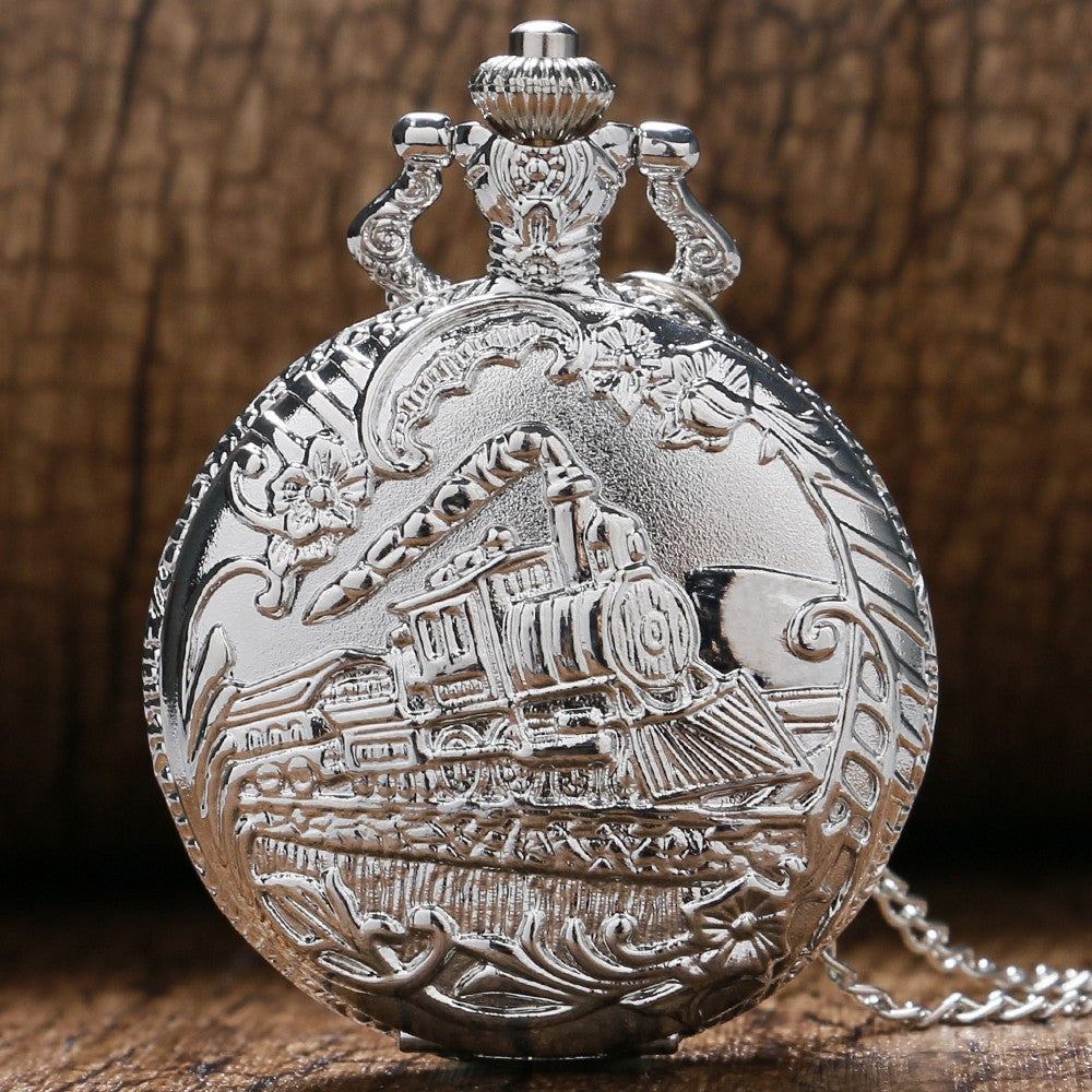 Retro Silver Pocket Watch Train with Flower Relogio De Bolso Quartz Watch