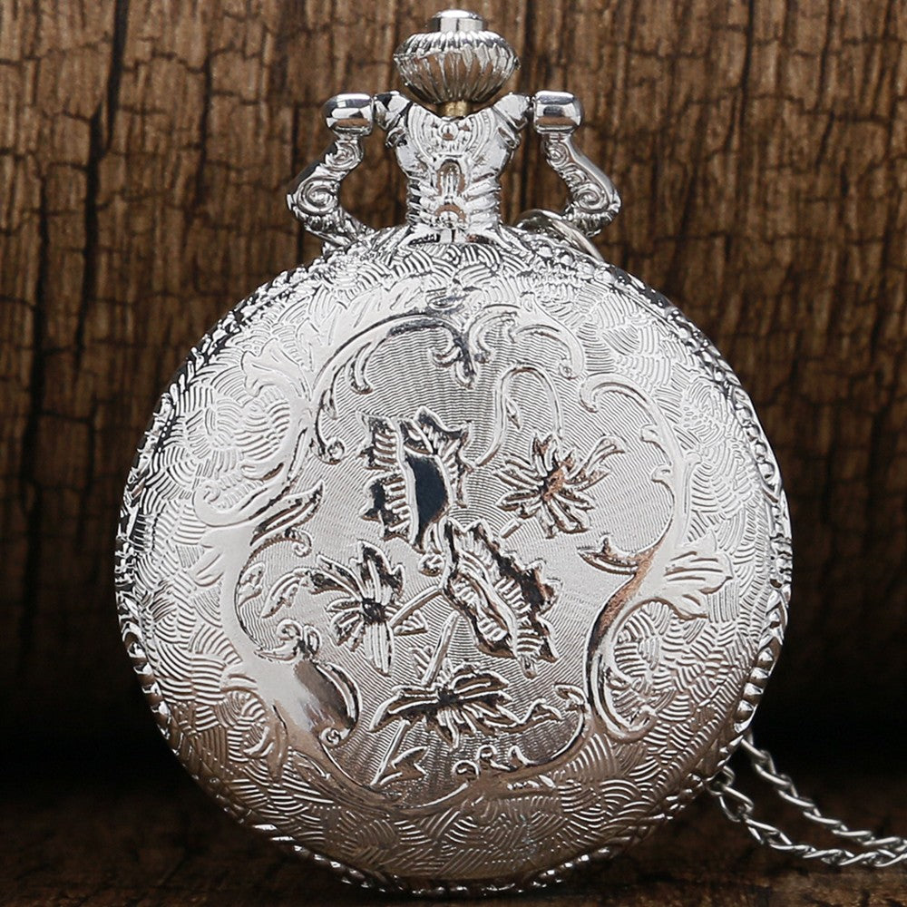 Retro Silver Pocket Watch Train with Flower Relogio De Bolso Quartz Watch