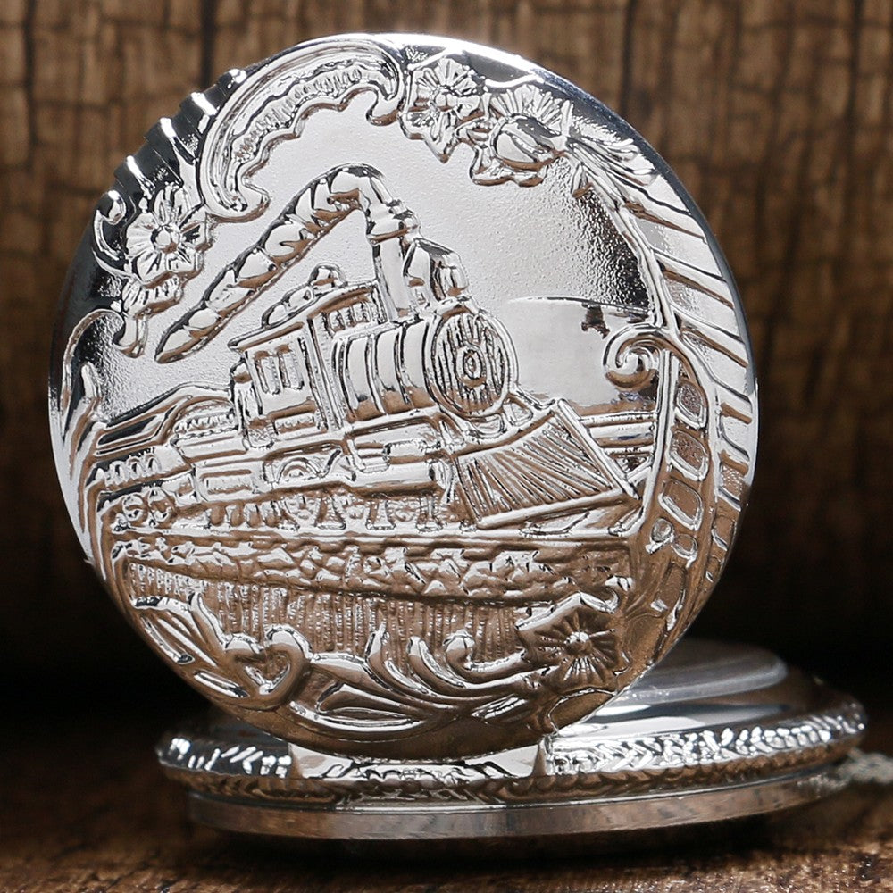 Retro Silver Pocket Watch Train with Flower Relogio De Bolso Quartz Watch
