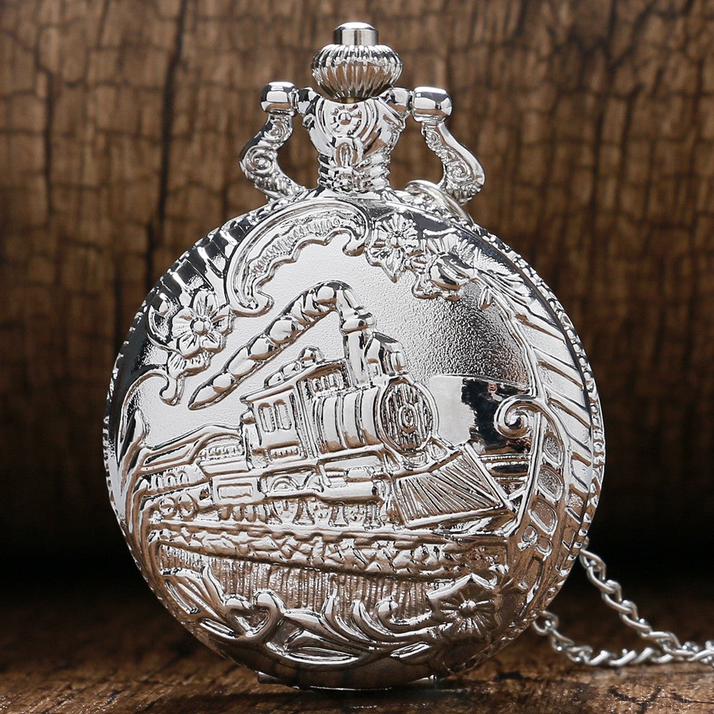 Retro Silver Pocket Watch Train with Flower Relogio De Bolso Quartz Watch