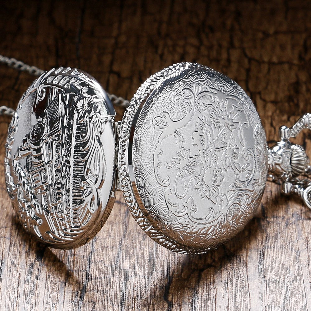 Retro Silver Pocket Watch Train with Flower Relogio De Bolso Quartz Watch