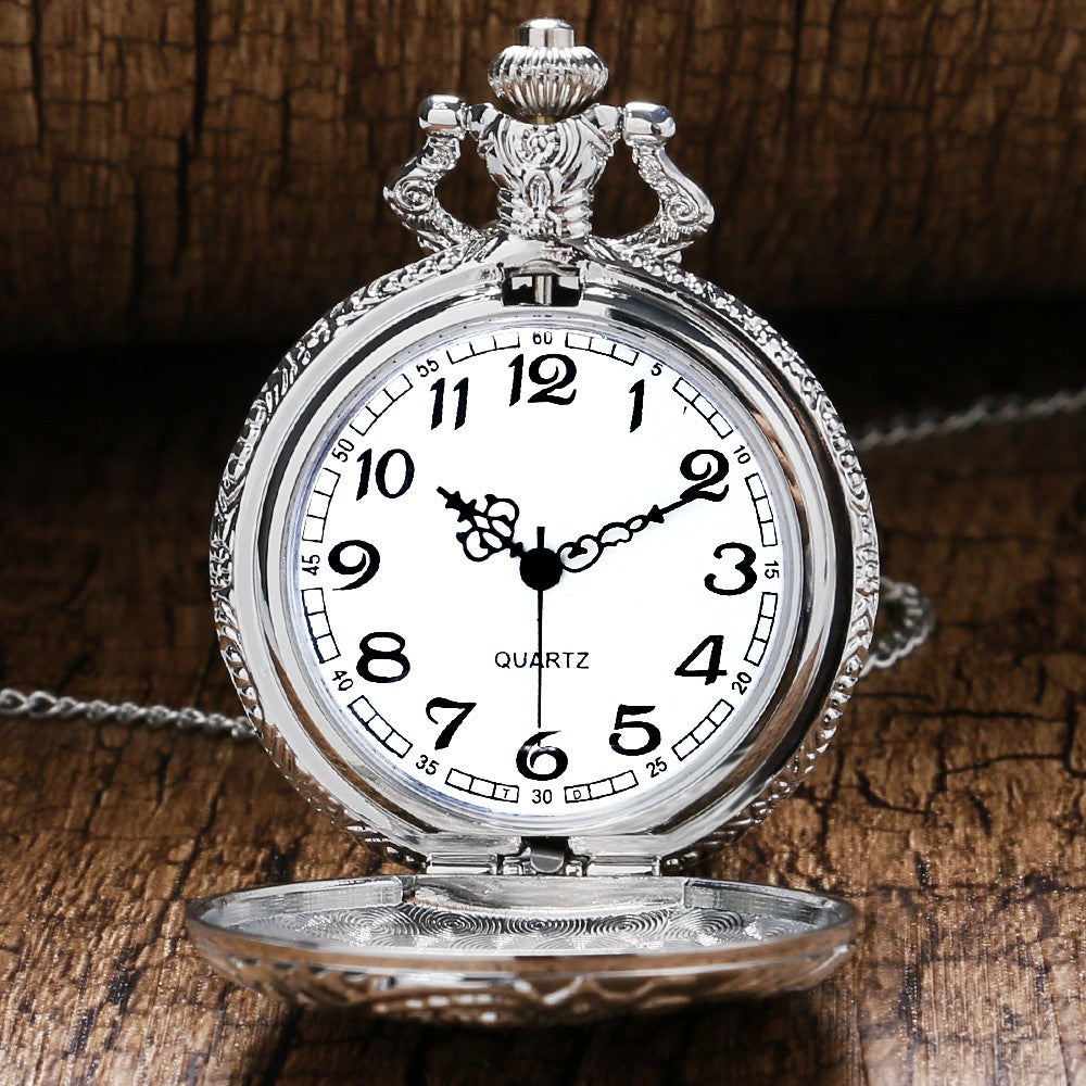 Retro Silver Pocket Watch Train with Flower Relogio De Bolso Quartz Watch