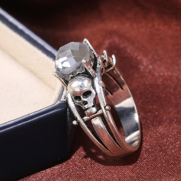 Anillos estilo gótico retro con calavera doble punk y cristales