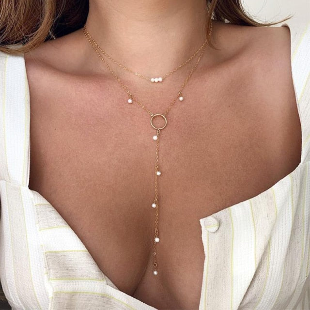 Fashion Imitation Pearl Thick Chain Pendant Necklace