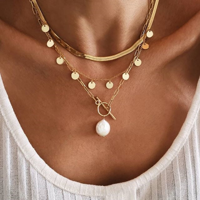 Fashion Imitation Pearl Thick Chain Pendant Necklace