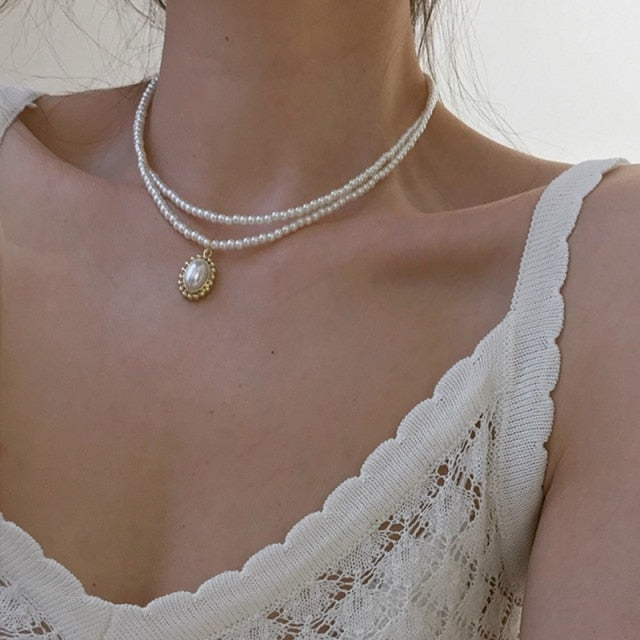 Fashion Imitation Pearl Thick Chain Pendant Necklace