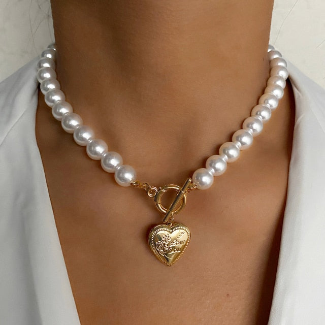 Fashion Imitation Pearl Thick Chain Pendant Necklace