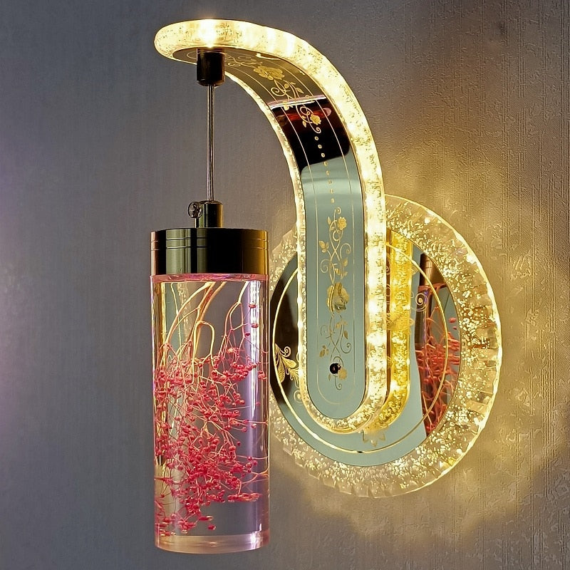 New Led Wall Light  Real flower Crystal Amber Bedside Wall Lamp