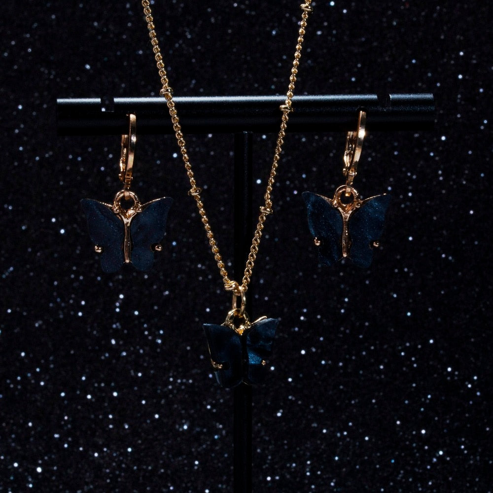 Acrylic Butterfly Earrings Pendant Necklaces Combination Set