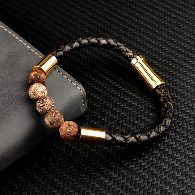 Men's Black Leather Volcanic Beaded Braclets