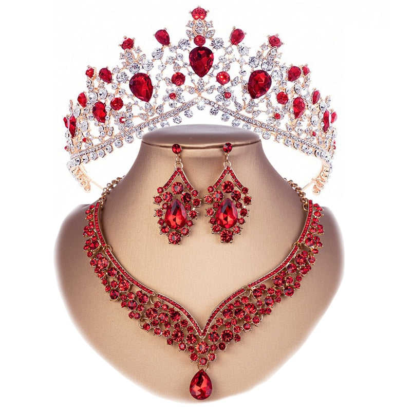 Banquet Party Crystal Crown Necklace Earrings Weddings Sets