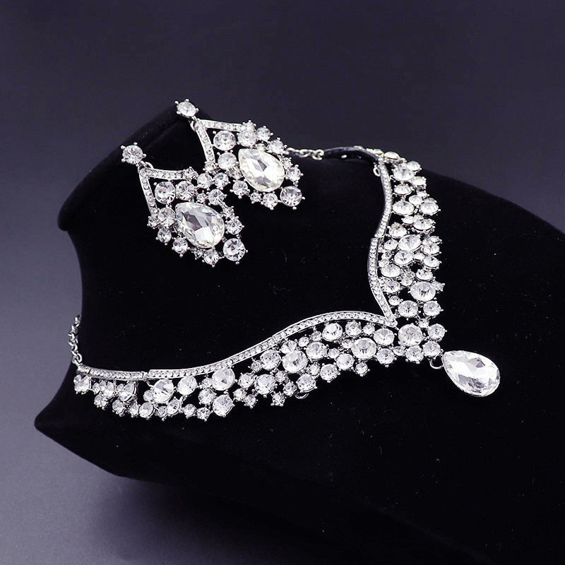 Banquet Party Crystal Crown Necklace Earrings Weddings Sets