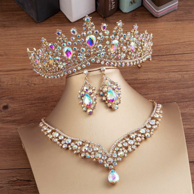 Banquet Party Crystal Crown Necklace Earrings Weddings Sets