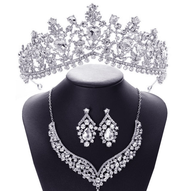 Banquet Party Crystal Crown Necklace Earrings Weddings Sets