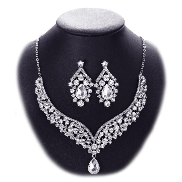 Banquet Party Crystal Crown Necklace Earrings Weddings Sets