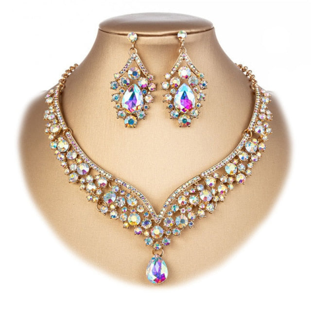 Banquet Party Crystal Crown Necklace Earrings Weddings Sets