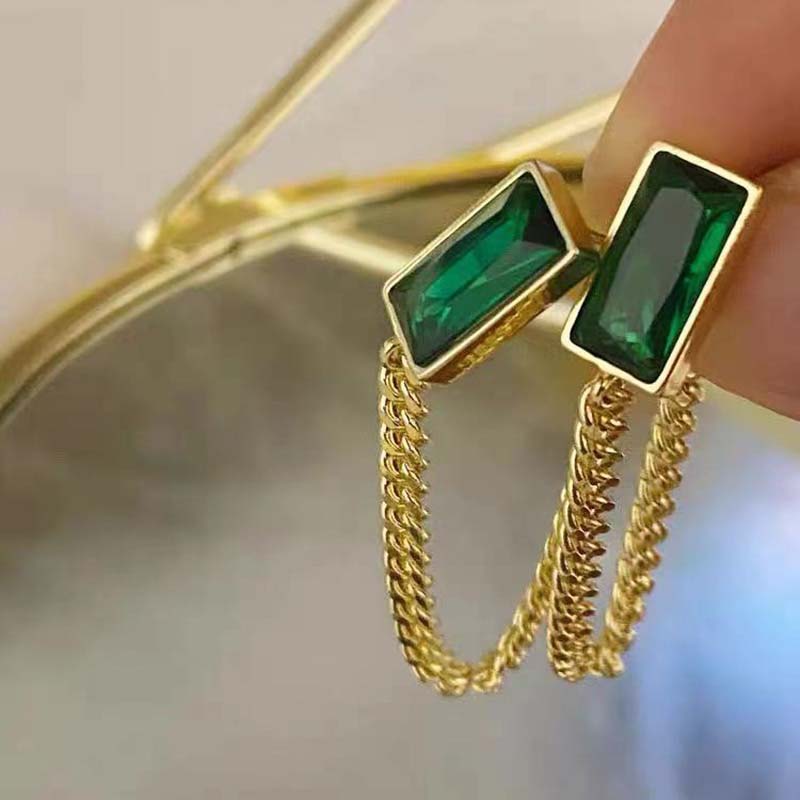 New Classic Geometric Rectangle Green Crystal  Chain Tassel Earrings