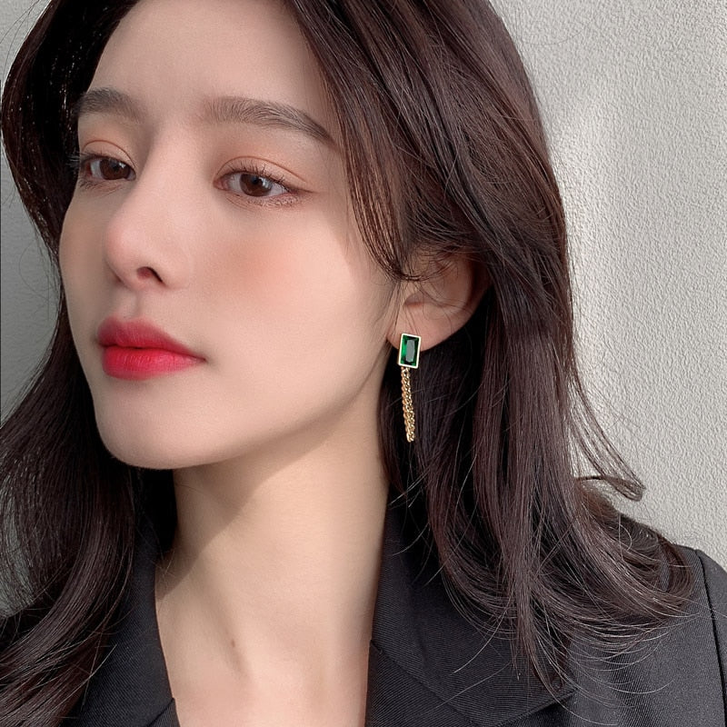 New Classic Geometric Rectangle Green Crystal  Chain Tassel Earrings