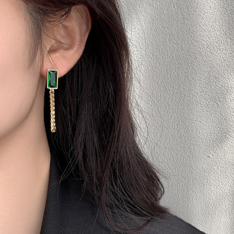 New Classic Geometric Rectangle Green Crystal  Chain Tassel Earrings