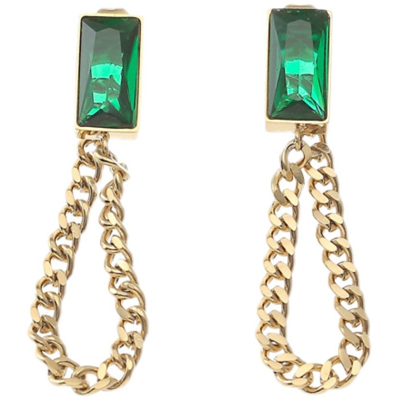 New Classic Geometric Rectangle Green Crystal  Chain Tassel Earrings