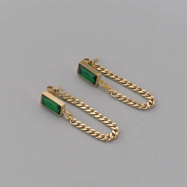 New Classic Geometric Rectangle Green Crystal  Chain Tassel Earrings
