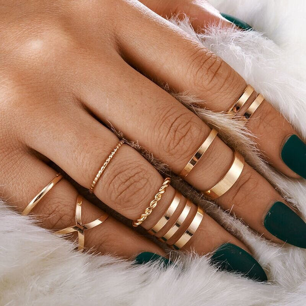 Juego de 8 anillos geométricos huecos redondos de color dorado punk
