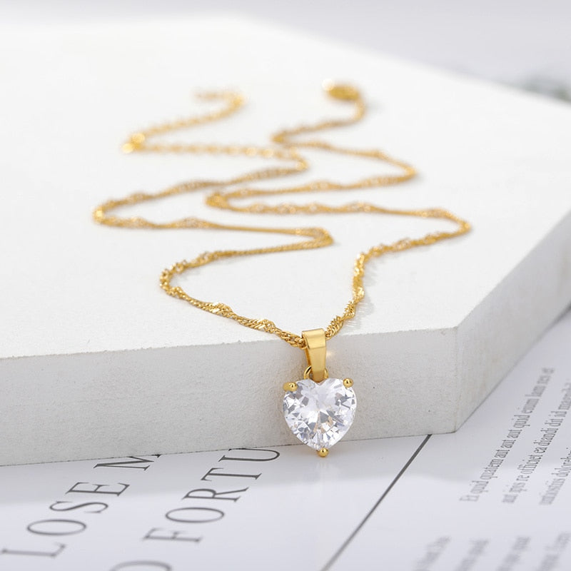 Heart  Gold Chain Zircon Heart Pendant Necklace
