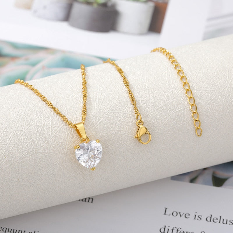Heart  Gold Chain Zircon Heart Pendant Necklace