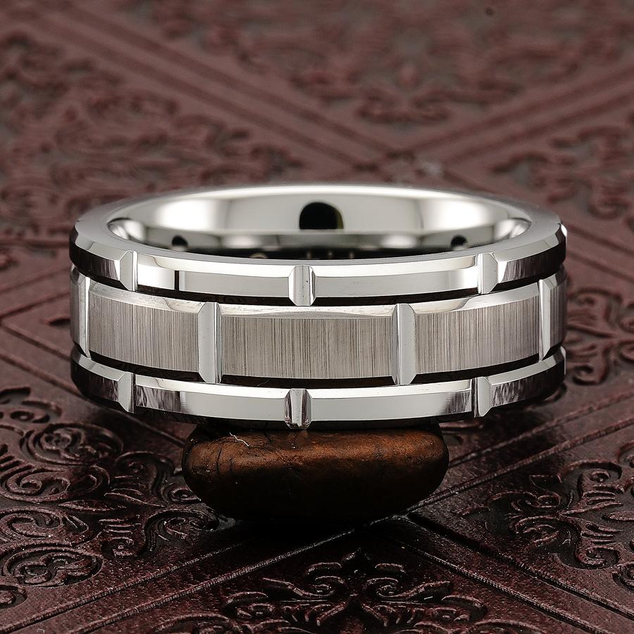 Silver Color Brushed Double Groove Pattern Men's Wedding Ring